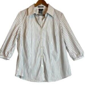 GEORGE WOMAN WHITE STRETCH SHIRT W/ BLACK & TAN STRIPES 3/4 SLEEVE SIZE 1X/16W